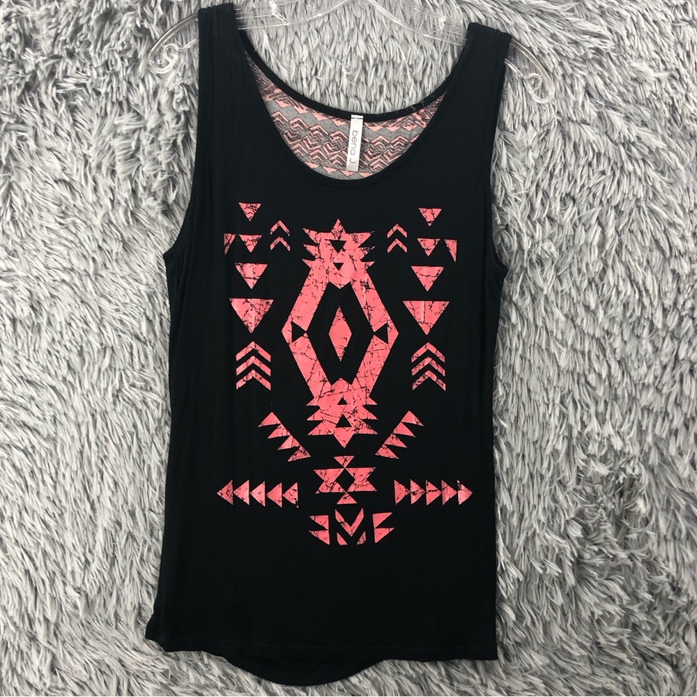 Bena J Tank Top Women Large Southwestern Aztec Super Soft Ripped Back Pink Black